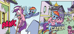 Size: 1310x612 | Tagged: safe, artist:pencils, idw, rainbow dash, earth pony, pegasus, pony, g4, season 10, spoiler:comic, spoiler:comic95, background pony, bedroom eyes, gasp, holding a pony, out of context, unnamed character, unnamed pony, unsound effect