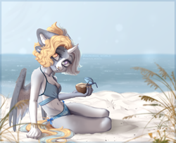 Size: 4300x3500 | Tagged: safe, artist:avroras_world, oc, oc only, alicorn, anthro, unguligrade anthro, alicorn oc, beach, belly button, bikini, breasts, clothes, coconut cup, day, eyebrows, female, heterochromia, horn, mare, nose piercing, ocean, outdoors, piercing, sand, sky, smiling, solo, summer, swimsuit, water, watermark, wings