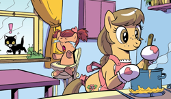 Size: 1214x705 | Tagged: safe, artist:pencils, idw, cat, earth pony, pony, g4, season 10, spoiler:comic, spoiler:comic95, baby, baby pony, background pony, bipedal, bipedal leaning, cooking, crying, female, filly, foal, leaning, mother and child, mother and daughter, name suggestion in the comments, not cream heart, pigtails, twintails, unnamed character, unnamed pony
