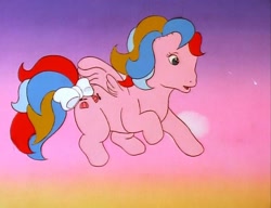Size: 703x540 | Tagged: safe, screencap, whizzer, pegasus, pony, twinkle eyed pony, g1, my little pony 'n friends, the glass princess, bow, cloud, cute, eye scar, female, flapping, flying, mare, open mouth, open smile, scar, sky, smiling, tail, tail bow, whizzabetes