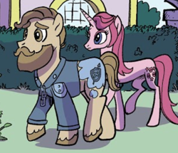 Size: 410x353 | Tagged: safe, artist:pencils, idw, earth pony, pony, unicorn, g4, season 10, spoiler:comic, spoiler:comic95, background pony, beard, clothes, facial hair, unnamed character, unnamed pony
