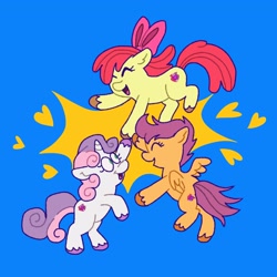 Size: 2048x2048 | Tagged: safe, artist:phobohobo1, apple bloom, scootaloo, sweetie belle, earth pony, pegasus, pony, unicorn, g4, cutie mark crusaders, eyes closed, female, filly, high res, open mouth, open smile, smiling, spread wings, trio, trio female, wings