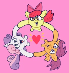 Size: 1913x2047 | Tagged: safe, artist:phobohobo1, apple bloom, scootaloo, sweetie belle, earth pony, pegasus, pony, unicorn, g4, cutie mark crusaders, female, filly, from above, heart, pink background, simple background, trio