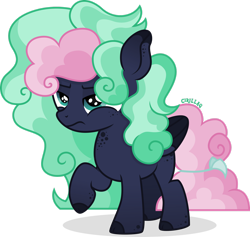 Size: 1920x1822 | Tagged: safe, artist:cirillaq, oc, oc only, oc:night cloud, pegasus, pony, female, filly, folded wings, full body, lidded eyes, pegasus oc, poofy mane, poofy tail, raised hoof, shadow, show accurate, simple background, solo, standing, tail, transparent background, wings