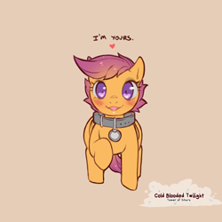 Size: 1200x1200 | Tagged: safe, artist:cold-blooded-twilight, scootaloo, pegasus, pony, g4, blushing, collar, dialogue, female, heart, heart eyes, looking at you, name tag, raised leg, simple background, slave, slave collar, wingding eyes