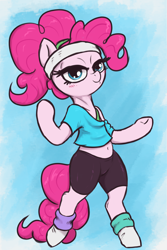 Size: 2000x3000 | Tagged: safe, artist:t72b, pinkie pie, earth pony, pony, g4, alternate hairstyle, bedroom eyes, belly button, bipedal, clothes, headband, high res, looking at you, socks, workout outfit