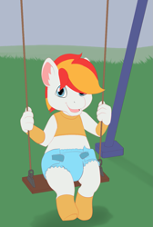 Size: 925x1375 | Tagged: safe, artist:binkyroom, oc, oc only, anthro, unguligrade anthro, blue diaper, clothes, cute, diaper, happy, looking at you, open mouth, open smile, park, smiling, smiling at you, socks, solo, swing, white fur