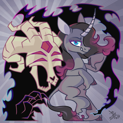 Size: 1198x1198 | Tagged: safe, artist:syrikatgrubiyana, fhtng th§ ¿nsp§kbl, oleander (tfh), classical unicorn, demon, pony, unicorn, them's fightin' herds, cloven hooves, community related, duo, female, horn, leonine tail, looking at you, magic, mare, skull, unshorn fetlocks