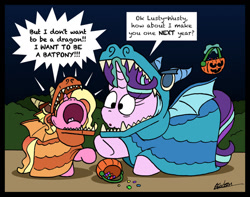 Size: 1024x806 | Tagged: safe, artist:bobthedalek, luster dawn, starlight glimmer, pony, unicorn, g4, candy, clothes, costume, crying, dragon costume, female, filly luster dawn, food, halloween, holiday, like father like daughter, like parent like child, luster dawn is starlight's and sunburst's daughter, mother and child, mother and daughter, mothers gonna mother, nightmare night, older, older starlight glimmer, pail, trick or treat, younger