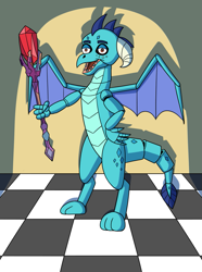 Size: 953x1280 | Tagged: safe, artist:sergeant16bit, princess ember, dragon, g4, animatronic, bloodstone scepter, checkered floor, dragon lord ember, dragoness, female, five nights at freddy's, hand on hip, light, roboticization, shadow