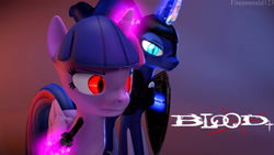 Size: 3840x2160 | Tagged: safe, artist:fireemerald123, princess luna, twilight sparkle, alicorn, pony, g4, 3d, blood+, glowing, glowing eyes, high res, katana, shield, simple background, source filmmaker, sword, twilight sparkle (alicorn), watermark, weapon