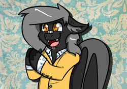 Size: 1000x700 | Tagged: safe, artist:tranzmuteproductions, oc, oc only, oc:tranzmute, bat pony, pony, :d, abstract background, bandaid, bandaid on nose, bat pony oc, bat wings, bust, clothes, ear fluff, male, open mouth, open smile, smiling, solo, stallion, wings