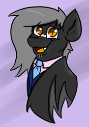 Size: 700x1000 | Tagged: safe, artist:tranzmuteproductions, oc, oc only, oc:tranzmute, bat pony, pony, :d, abstract background, bandaid, bandaid on nose, bat pony oc, clothes, male, necktie, open mouth, open smile, smiling, solo, stallion, suit