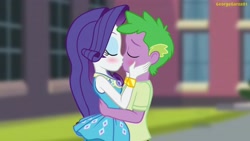 Size: 3640x2048 | Tagged: safe, artist:georgegarza01, rarity, spike, human, equestria girls, g4, blushing, boyfriend and girlfriend, duo, eyes closed, female, geode of shielding, hand on cheek, high res, holding each other, human spike, kiss on the lips, kissing, magical geodes, male, rarity peplum dress, ship:sparity, shipping, show accurate, story included, straight