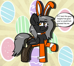 Size: 1000x884 | Tagged: safe, artist:tranzmuteproductions, oc, oc only, oc:tranzmute, bat pony, pony, abstract background, bat pony oc, bowtie, bunny suit, clothes, crossdressing, cuffs (clothes), easter egg, fishnet stockings, male, raised hoof, smiling, solo, stallion, talking