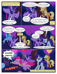 Size: 612x792 | Tagged: safe, artist:newbiespud, edit, edited screencap, screencap, applejack, pinkie pie, rainbow dash, rarity, twilight sparkle, alicorn, earth pony, pegasus, pony, comic:friendship is dragons, g4, magical mystery cure, balloon, comic, dialogue, eyelashes, female, floating, hat, mare, night, outdoors, party horn, raised hoof, screencap comic, stars, then watch her balloons lift her up to the sky, twilight sparkle (alicorn)