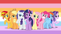 Size: 1136x640 | Tagged: safe, artist:almostfictional, artist:andoanimalia, artist:dashiesparkle, artist:luckreza8, artist:shizow, artist:stabzor, applejack, fluttershy, pinkie pie, rainbow dash, rarity, starlight glimmer, sunset shimmer, twilight sparkle, alicorn, earth pony, pegasus, pony, unicorn, g4, alternate mane seven, applejack's hat, cowboy hat, female, hat, makeup, mane six, mare, multicolored background, twilight sparkle (alicorn), vector