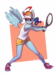 Size: 1308x1705 | Tagged: safe, artist:mrscroup, rainbow dash, pegasus, anthro, plantigrade anthro, g4, alternate hairstyle, clothes, female, floating wings, hat, legs, ponytail, shoes, skirt, sneakers, solo, sports, sun visor, tennis, tennis racket, wings