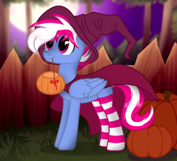 Size: 1800x1640 | Tagged: safe, artist:vi45, oc, oc only, oc:steam loco, pegasus, pony, clothes, commission, cute, folded wings, full moon, halloween, hat, holiday, male, moon, pegasus oc, pumpkin, pumpkin bucket, socks, solo, spooky, standing, striped socks, wings, witch hat, ych result