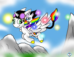 Size: 1280x990 | Tagged: safe, artist:frostthehobidon, oc, oc:dr. wolf, oc:lightning bliss, cloud, cute, flying, goggles, mountain, ocbetes, sun