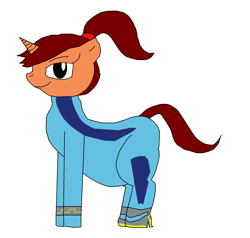 Size: 1804x1717 | Tagged: safe, artist:blazewing, oc, oc only, oc:tough cookie, pony, unicorn, belly, boots, chubby, clothes, costume, drawpile, female, halloween, halloween 2021, halloween costume, holiday, mare, metroid, nightmare night, nightmare night 2021, nightmare night costume, ponytail, samus aran, shoes, simple background, smiling, solo, white background, wrist cuffs, zero suit
