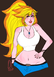 Size: 964x1371 | Tagged: safe, artist:depravipony, oc, oc only, oc:sinfonia krystal, human, breasts, cleavage, clothes, dark background, female, hand on hip, humanized, jewelry, lipstick, midriff, necklace, signature, smiling, solo, sports bra
