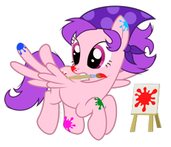 Size: 6000x5190 | Tagged: safe, artist:kaitykat117, oc, oc only, oc:painterly gesso, pegasus, pony, g4, absurd resolution, base used, cute, female, flying, frown, hat, mare, mouth hold, paint, paint on feathers, paint on fur, paint splatter, paint stains, paintbrush, pegasus oc, simple background, solo, spread wings, transparent background, vector, wings