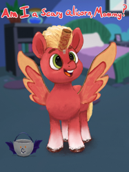 Size: 2048x2732 | Tagged: safe, artist:phutashi, sprout cloverleaf, earth pony, pony, g5, my little pony: a new generation, alicorn costume, bed, bedroom, cardboard box, cardboard wings, clothes, coat markings, colt, colt sprout cloverleaf, costume, cute, fake alicorn, fake horn, fake wings, halloween, halloween costume, high res, holiday, implied phyllis cloverleaf, male, mommy, open mouth, open smile, smiling, socks (coat markings), solo, sproutbetes, toilet paper roll, toilet paper roll horn