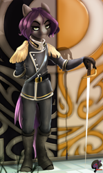 Size: 1200x2007 | Tagged: safe, artist:brainiac, oc, oc only, earth pony, anthro, clothes, commission, digital painting, link in description, solo, sword, tiktok, time-lapse included, uniform, weapon