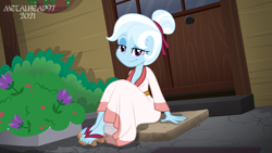 Size: 1280x720 | Tagged: safe, artist:metalhead97, trixie, equestria girls, g4, my little pony equestria girls: better together, alternate hairstyle, breasts, cleavage, clothes, cute, feet, female, gameloft interpretation, geta, hair bun, kimono (clothing), lidded eyes, looking at you, makeup, outdoors, robe, show accurate, sitting on ground, smiling, smiling at you, solo, vaguely asian robe