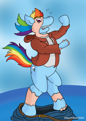 Size: 2480x3508 | Tagged: safe, artist:sparkbolt3020, rainbow dash, human, pegasus, pony, g4, belt, blue background, bottomless, clothes, ears, emanata, female, high res, hoodie, hooves, human to pony, looking at self, looking down, male to female, mane, mare, mid-transformation, muzzle, open mouth, pants, pants down, partial nudity, rule 63, shirt, shocked, simple background, solo, surprised, tail, transformation, transgender transformation