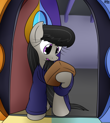 Size: 1662x1857 | Tagged: safe, artist:the-furry-railfan, octavia melody, earth pony, pony, g4, bathrobe, clothes, doorway, female, package, porch, robe, robes, this will end in balloons, vinyl and octavia's home