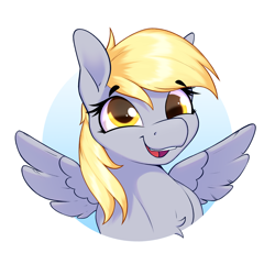 Size: 1800x1800 | Tagged: safe, artist:aquaticvibes, derpy hooves, pegasus, pony, g4, bust, chest fluff, cute, derp, derpabetes, eyebrows, eyebrows visible through hair, female, mare, open mouth, open smile, portrait, simple background, smiling, solo, spread wings, white background, wings