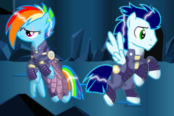 Size: 1080x720 | Tagged: safe, artist:mlplary6, rainbow dash, soarin', pony, g4, the cutie re-mark, alternate timeline, amputee, apocalypse dash, apocalypse soarin', artificial wings, augmented, clothes, crystal war timeline, eye scar, facial scar, female, male, mechanical wing, prosthetic limb, prosthetic wing, prosthetics, scar, ship:soarindash, shipping, straight, torn ear, wings