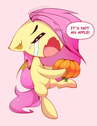 Size: 797x1040 | Tagged: safe, artist:shavurrr, fluttershy, bat pony, pony, g4, adorable distress, crying, cute, dialogue, eye clipping through hair, eyes closed, female, floppy ears, flutterbat, hoof hold, open mouth, pink background, pumpkin, race swap, sad, sadorable, shyabates, shyabetes, simple background, sitting, solo