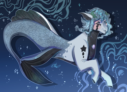 Size: 1500x1080 | Tagged: safe, artist:bunnari, oc, oc only, hybrid, seapony (g4), siren, blue background, blue mane, bubble, commission, dorsal fin, female, fish tail, flowing tail, gem, looking at you, mermaid tail, signature, simple background, smiling, solo, tail, underwater, water