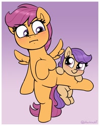 Size: 1522x1922 | Tagged: safe, artist:heretichesh, scootaloo, oc, pegasus, pony, g4, :i, baby, baby pony, bipedal, blushing, clinging, cute, duo, duo female, eye clipping through hair, eyebrows, eyebrows visible through hair, female, filfil, filly, frown, gradient background, ocbetes, smiling, smol, standing, standing on one leg, weapons-grade cute