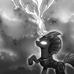 Size: 2000x2000 | Tagged: safe, artist:onimiste, tempest shadow, pony, unicorn, g4, broken horn, female, glowing, glowing eyes, glowing horn, high res, horn, magic, mare, monochrome, raised hoof, solo, storm king armor