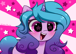 Size: 6800x4900 | Tagged: safe, artist:kittyrosie, izzy moonbow, pony, unicorn, g5, my little pony: a new generation, abstract background, absurd resolution, blushing, cute, female, happy, izzybetes, kittyrosie is trying to murder us, mare, open mouth, open smile, smiling, solo, starry eyes, stars, wingding eyes