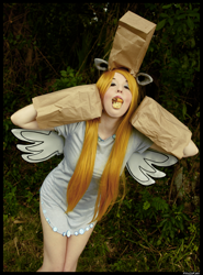 Size: 3088x4183 | Tagged: safe, artist:krazykari, derpy hooves, human, g4, clothes, cosplay, costume, food, irl, irl human, muffin, nightmare night costume, paper bag, paper bag wizard, photo, solo