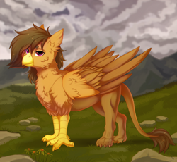 Size: 2000x1840 | Tagged: safe, artist:dinoalpaka, oc, oc only, oc:moonquill, griffon, commission, female, griffon oc, looking at you, mountain, solo