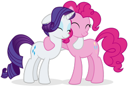Size: 1462x994 | Tagged: safe, artist:shizow, pinkie pie, rarity, earth pony, pony, unicorn, g4, ^^, cute, diapinkes, duo, duo female, eyes closed, female, floppy ears, hug, lesbian, mare, raribetes, ship:raripie, simple background, smiling, standing, transparent background, vector