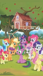Size: 1125x2000 | Tagged: safe, artist:anthony conley, apple bloom, applejack, fluttershy, pinkie pie, rainbow dash, rarity, scootaloo, spike, sweetie belle, twilight sparkle, alicorn, earth pony, pony, unicorn, a pony named spike, g4, apple, apple tree, book, clubhouse, crusaders clubhouse, cutie mark crusaders, food, male, mane seven, mane six, ponified, ponified spike, species swap, stallion, tree, twilight sparkle (alicorn)