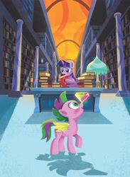 Size: 2976x4076 | Tagged: safe, artist:anthony conley, spike, twilight sparkle, alicorn, pegasus, pony, a pony named spike, g4, balancing, book, bookshelf, gem, male, ponies balancing stuff on their nose, ponified, ponified spike, species swap, stallion, twilight sparkle (alicorn)