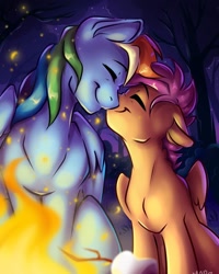 Size: 1080x1350 | Tagged: safe, artist:__regenbogen_, artist:regenbogen, rainbow dash, scootaloo, pegasus, pony, g4, bonfire, campfire, cute, duo, duo female, eyes closed, female, filly, fire, happy, mare, nuzzling, scootalove, sibling love, sisterly love, smiling