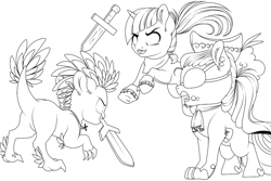 Size: 1280x853 | Tagged: safe, artist:schokocream, oc, oc only, dracony, dragon, earth pony, hybrid, pony, unicorn, earth pony oc, eyepatch, female, fight, hat, horn, lineart, mare, mouth hold, simple background, sword, unicorn oc, weapon, white background