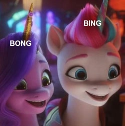 Size: 529x532 | Tagged: safe, edit, edited screencap, screencap, pipp petals, zipp storm, pegasus, pony, g5, my little pony: a new generation, bing bong, cropped, fake horn, female, siblings, sisters