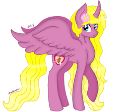 Size: 835x746 | Tagged: safe, artist:madlilon2051, oc, oc only, alicorn, pony, alicorn oc, chest fluff, female, flower, flower in hair, horn, mare, raised hoof, simple background, smiling, solo, transparent background, wings