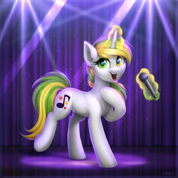 Size: 4000x4000 | Tagged: safe, artist:scheadar, oc, oc only, pony, unicorn, commission, female, glowing, glowing horn, heterochromia, horn, magic, magic aura, mare, microphone, open mouth, raised hoof, raised leg, singing, solo, stage, standing on two hooves, tail
