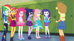 Size: 3410x1920 | Tagged: safe, screencap, applejack, fluttershy, pinkie pie, rainbow dash, rarity, sci-twi, sunset shimmer, twilight sparkle, equestria girls, equestria girls series, g4, holidays unwrapped, o come all ye squashful, spoiler:eqg series (season 2), applejack's hat, belt, boots, bowtie, bracelet, clothes, cowboy boots, cowboy hat, crossed arms, cutie mark, cutie mark on clothes, denim skirt, female, geode of empathy, geode of shielding, geode of sugar bombs, geode of super speed, geode of telekinesis, glasses, grin, hairpin, hat, high heels, high res, hoodie, humane five, humane seven, humane six, jacket, jewelry, leather, leather jacket, lockers, magical geodes, necklace, ponytail, rarity peplum dress, sandals, shoes, skirt, smiling, sneakers, tank top, varying degrees of want